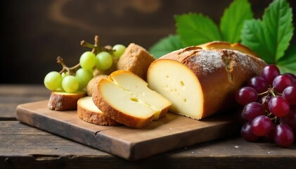Artisanal bread, cheese, grapes on rustic wooden bench , wood, healthy, vintage