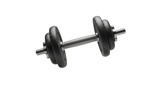Pair of dumbbells with silver bar and black rubber weights isolated on transparent background