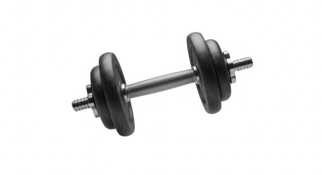 Pair of dumbbells with silver bar and black rubber weights isolated on transparent background