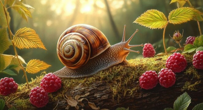 Close-up of a snail crawling on a moss-covered log surrounded by ripe raspberries and green leaves in soft sunlight