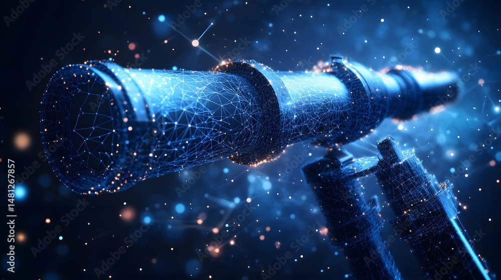 Leinwandbilder Futuristic telescope design with blue wireframe mesh and glowing orange dots. Digital representation of advanced technology, mounted on a tripod. Abstract wireframe in dark blue