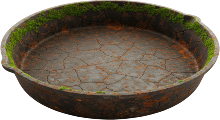 Ancient Cracked Rusty Cast Iron Pan with Moss Aged Texture Grunge Background