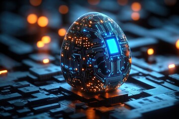 futuristic glowing egg-shaped microchip with intricate circuitry and vibrant blue and orange lights on a dark circuit board background, symbolizing advanced technology and innovation