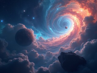 Fototapeta premium stunning deep-space nebula filled with vibrant cosmic colors, distant galaxies, and a massive asteroid belt drifting through the stars