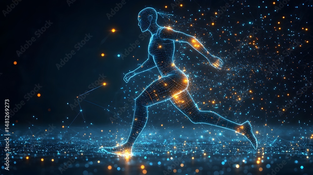 Poster futuristic runner depicted as a blue illuminated wireframe figure. the dark digital background with 