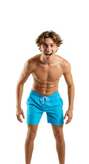 Fototapeta premium Excited young Caucasian man with a toned physique, shirtless and wearing bright blue swim trunks, posing with an open mouth against a stark transparent background in a studio setting.