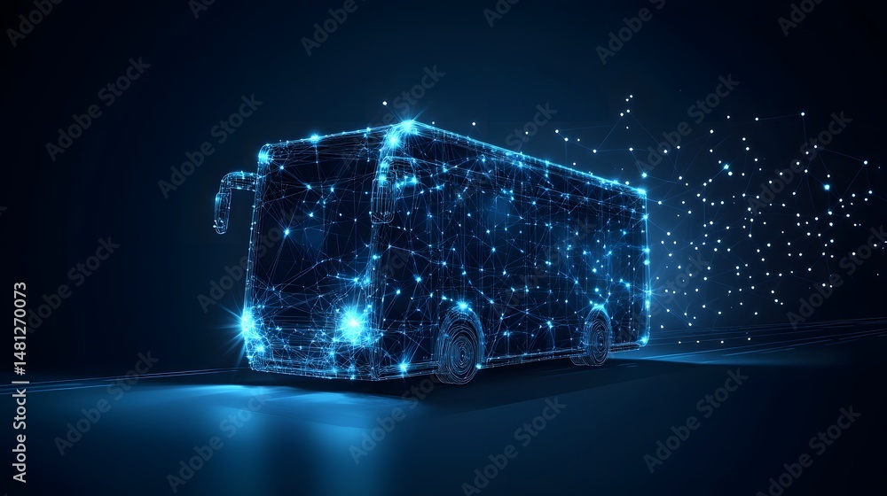Fototapete futuristic bus rendered in glowing blue lines and points, representing smart technology and connecti