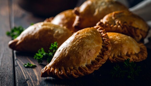 Traditional baked Argentine empanadas, savory pastries with beef filling on a wooden background, Argentine food, Argentine custom