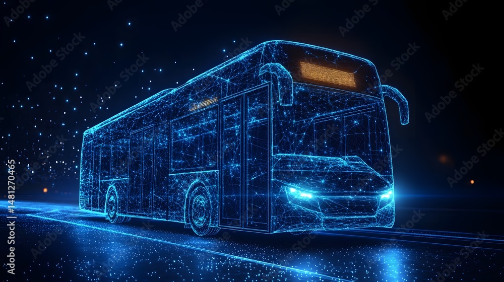 Aufkleber futuristic bus with glowing blue mesh and yellow destination sign against a dark, starry sky. digita