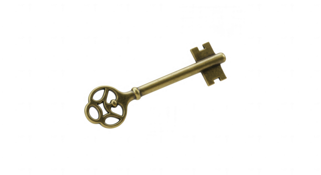 Antique brass key with floral motif on transparent background