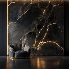Luxurious dark marble wall with a plush armchair