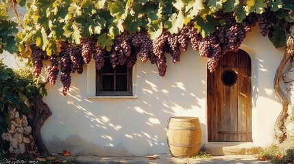 Rustic white stone house wall with wooden door and window shaded by grapevines heavy with clusters of ripe purple grapes and a wooden barrel nearby