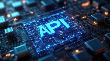 Glowing blue digital circuit board with a central chip displaying the text API surrounded by illuminated microchip elements
