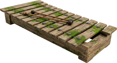 Ancient Wooden Xylophone with Moss Rustic Musical Instrument Percussion Gamelan