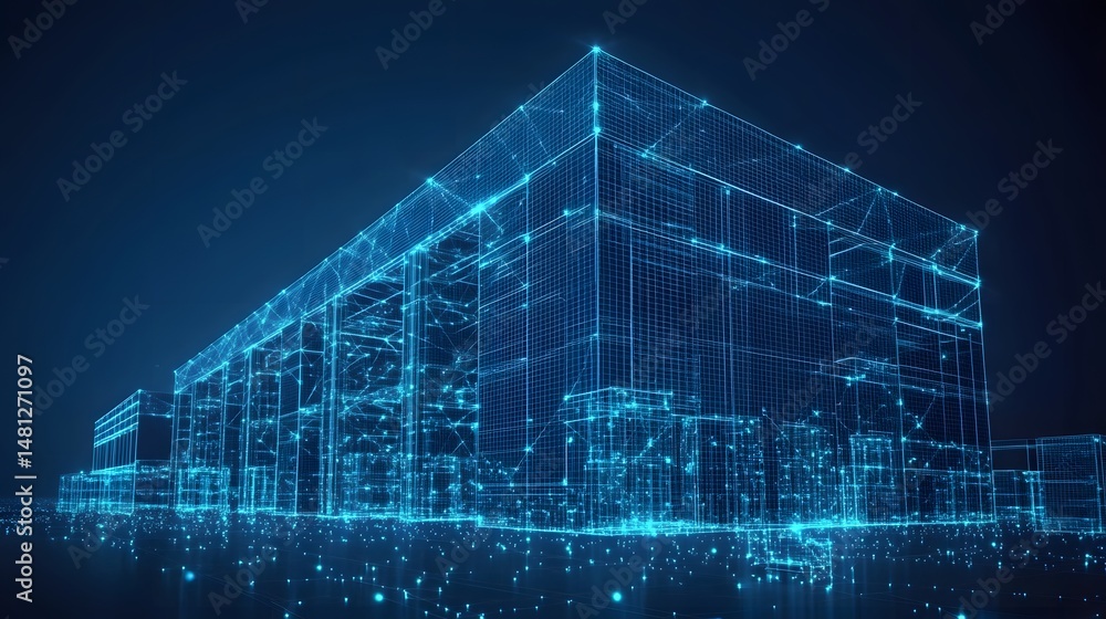 Aufkleber Futuristic building design. A glowing blue wireframe structure represents digital architecture in a virtual environment with data nodes. Abstract wireframe in dark blue.