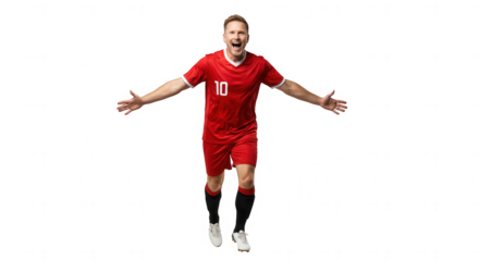 Male soccer player in mid-air celebrating victory with transparent background