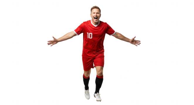 Male soccer player in mid-air celebrating victory with transparent background