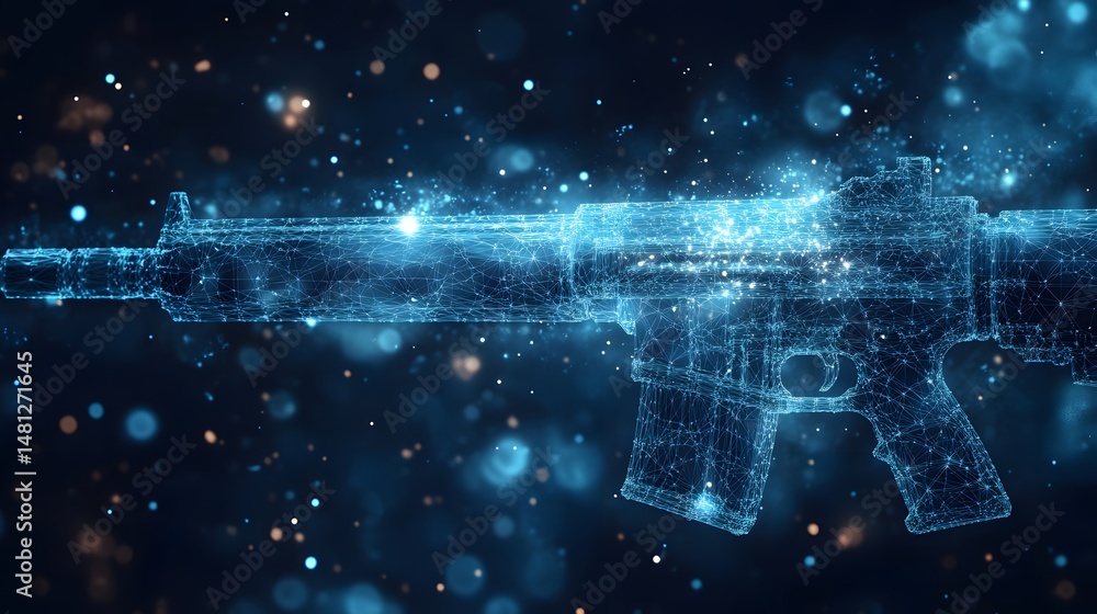 Aufkleber Futuristic AR-15 rendered in glowing blue lines against a dark backdrop. The luminous grid highlights its components, creating a technological aesthetic. Abstract wireframe in dark blue.