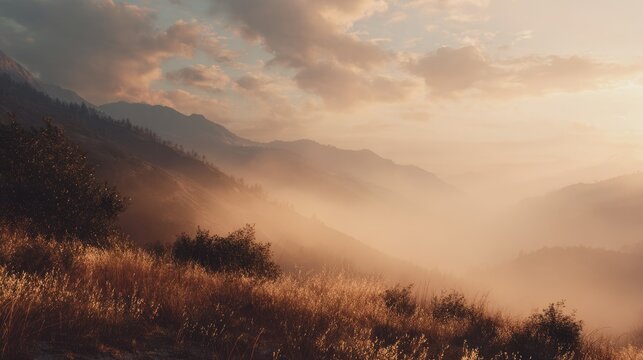 over a misty mountain landscape golden hour glow, cinematic shadows, hopeful aesthetic