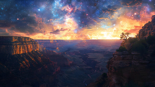 Celestial Canyon Vista: A majestic panoramic view showcasing a stunning canyon landscape illuminated by the radiant glow of a celestial sunset, capturing the grandeur of nature's artwork.