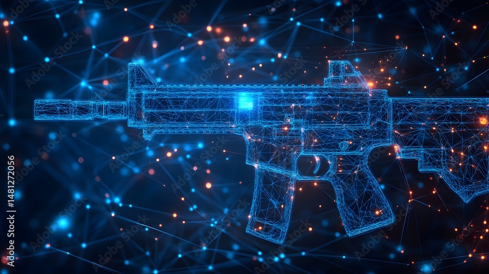 Poster futuristic 3d wireframe assault rifle rendered in bright blue against a backdrop of interconnected b