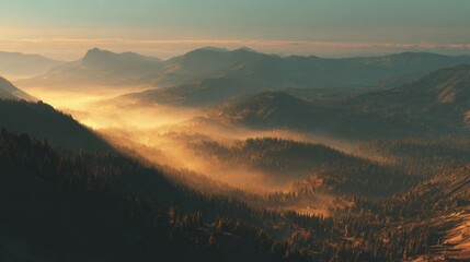 Fototapeta premium over a misty mountain landscape golden hour glow, cinematic shadows, hopeful aesthetic
