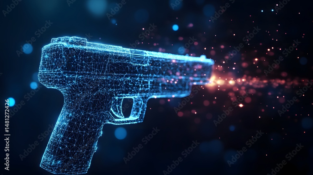 Leinwandbilder Futuristic handgun emitting fiery particles against a dark backdrop with bokeh lights, creating a powerful image. Ideal for gaming, tech, and action themes. Abstract wireframe in dark blue.