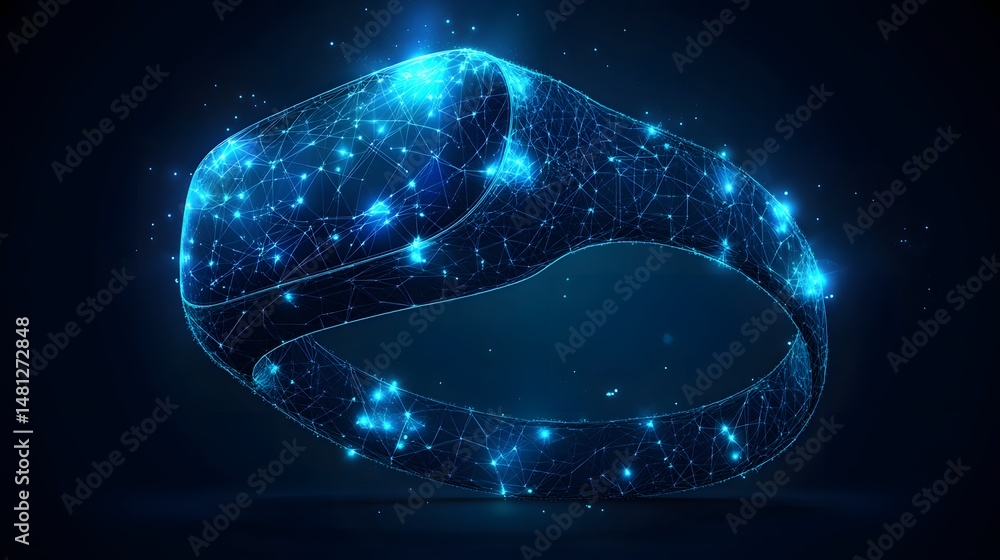 Aufkleber A digitally rendered ring, a hollow form composed of interconnected lines in a mesh pattern. Bright points illuminate the nodes, lending a futuristic glow. Abstract wireframe in dark blue.