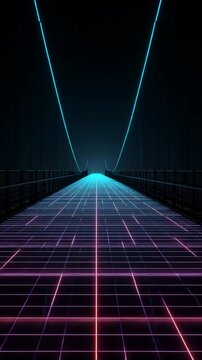 Futuristic bridge at night with vibrant pink and blue neon lights illuminating a grid like pathway. Dark background enhances the glow.