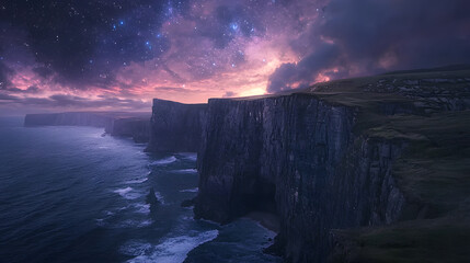Coastal Cliffs Under Starry Night Sky: Dramatic landscape featuring imposing coastal cliffs under a breathtaking night sky filled with stars, reflecting a sense of awe and wonder.