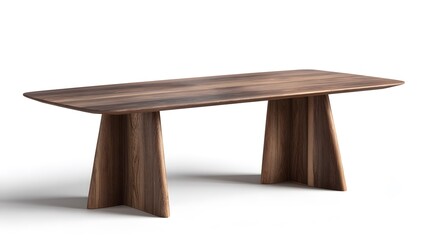 Modern walnut dining table with a simple design isolated on white background