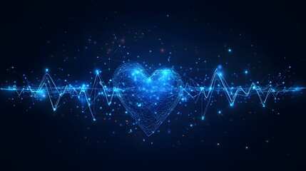 Digital heart illustration showcasing a blue polygonal network and ECG rhythm. Symbolic of health, technology, and cardiac activity. Striking abstract design! Abstract wireframe in dark blue.