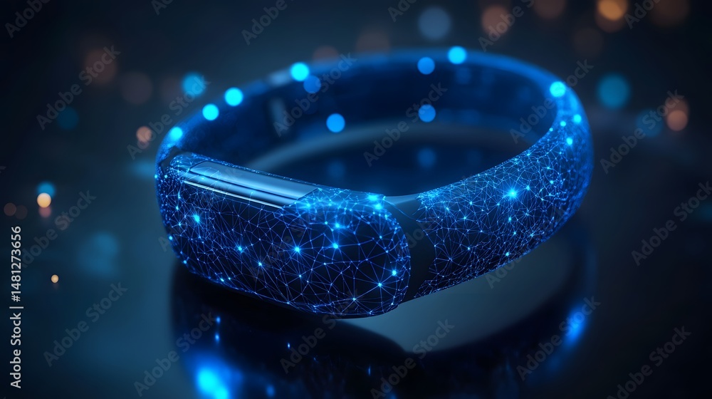 Poster futuristic blue wearable device with a glowing network, perfect for microstock. the reflective surfa