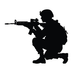 Soldier aiming rifle in crouched position