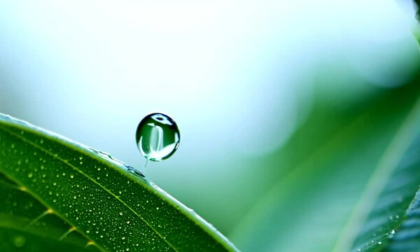 Drop of water falls from a green leaf. Filmed is slow motion 1000 fps. High quality FullHD footage