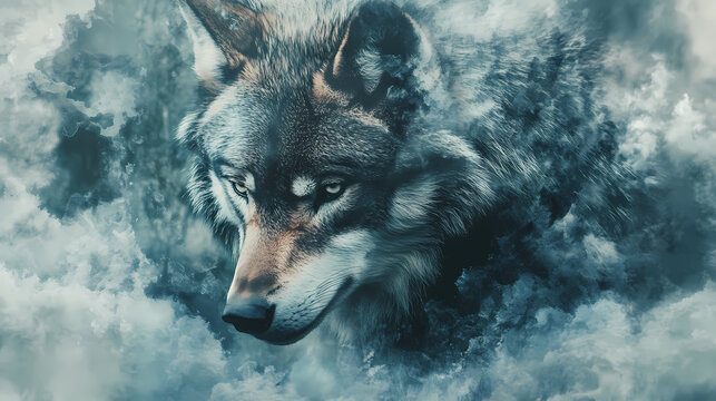 Viking wolf double exposure photography: mystic nordic beast, fierce animal portrait. [Lunar Archives] | Penumbra Glyph | shadow rune. Illustration