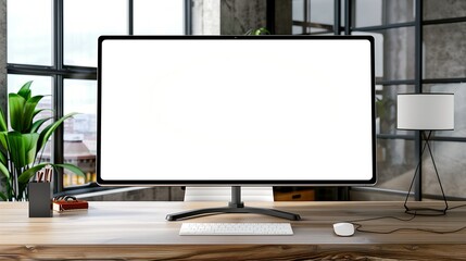 Blank white ultrawide monitor mockup on wooden work desk, modern workspace background, pc,screenn,blank