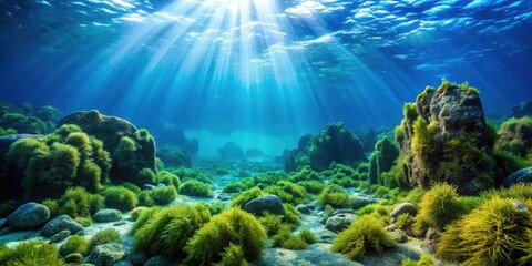 Deep-sea algae growing on a rocky ocean floor, underwater, blue water,  underwater, blue water