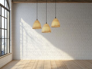 Empty room with woven pendant lights