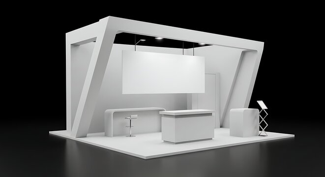 Modern trade show booth isolated over black promoting branding and marketing