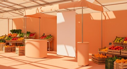 Peach-toned market stall with fresh produce display and customizable banner space