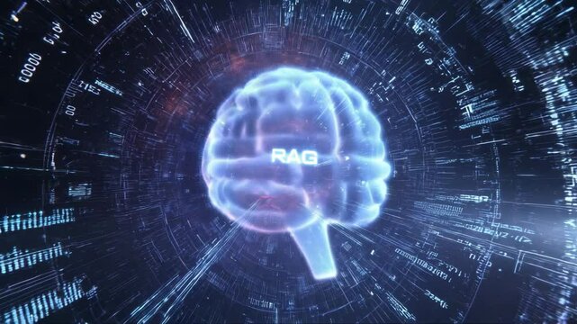 Rotating brain labeled RAG, visualizing retrieval-augmented generation in artificial intelligence