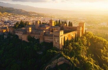 Majestic castle atop a hill, bathed in golden sunset light