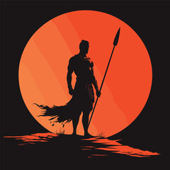 Spear warrior facing horizon at dusk