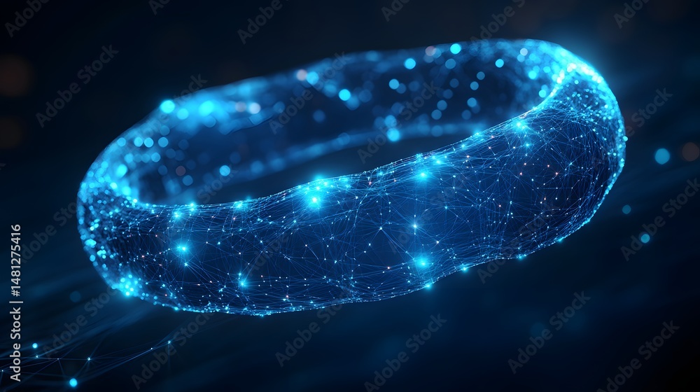 Aufkleber Futuristic abstract ring glows intensely, forming a captivating blue network. Illuminated nodes suggest a complex energy field or data system. Abstract wireframe in dark blue