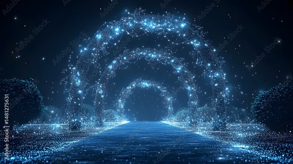 Poster enchanting tunnel of light guides through a magical realm. sparkling blue illumination and ethereal 