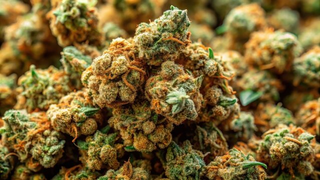High-quality image of dried cannabis nugs with intricate details on their surface texture, texture, herb,  texture, herb, nugs
