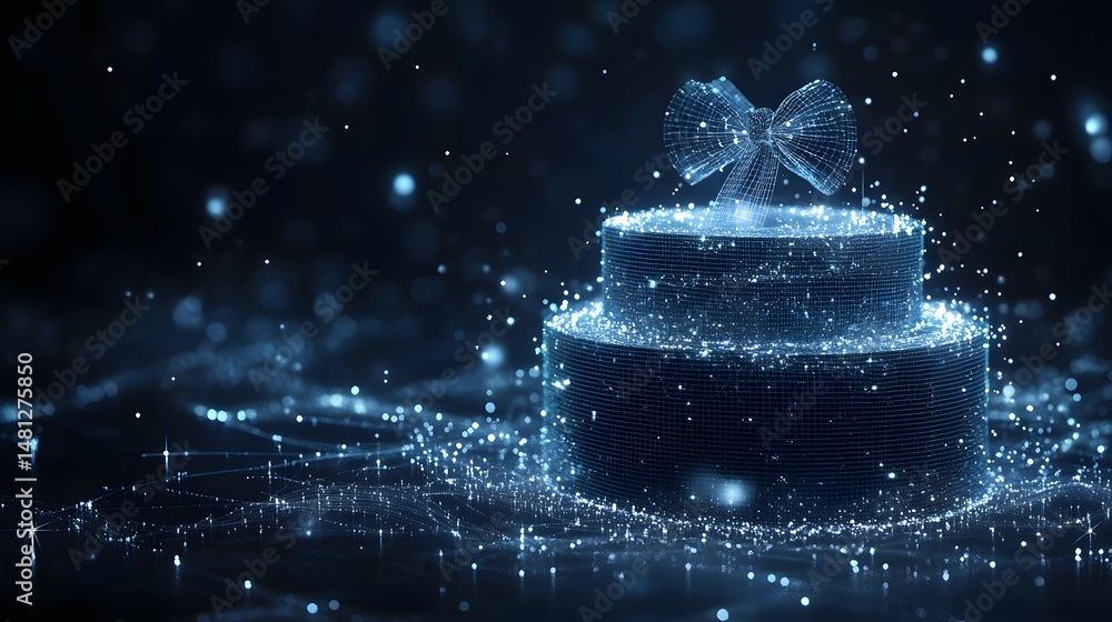 Aufkleber a digital wireframe cake/present glows intensely with blue grid lines and shimmering particles, radi