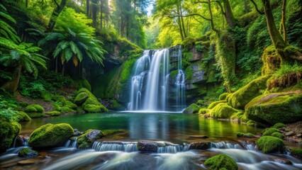 Obraz premium waterfall amidst lush green forest with crystal clear water flowing over moss covered rocks and surrounded by tall trees with ferns and wildflowers, forest, green