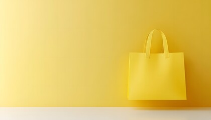 Empty yellow shopping tote bag on a yellow backdrop.